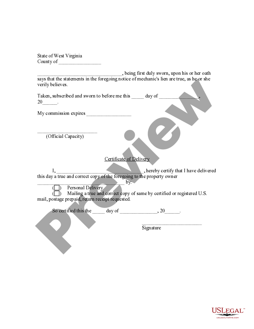 West Virginia Notice of Mechanic's Lien Mechanic or Laborer Working