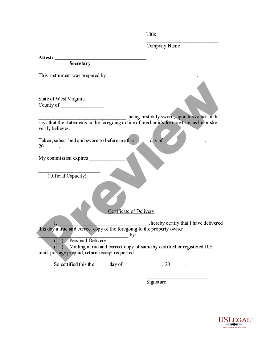 Preview Notice of Mechanic's Lien - Mechanic or Laborer working for contractor or subcontractor - Corporation