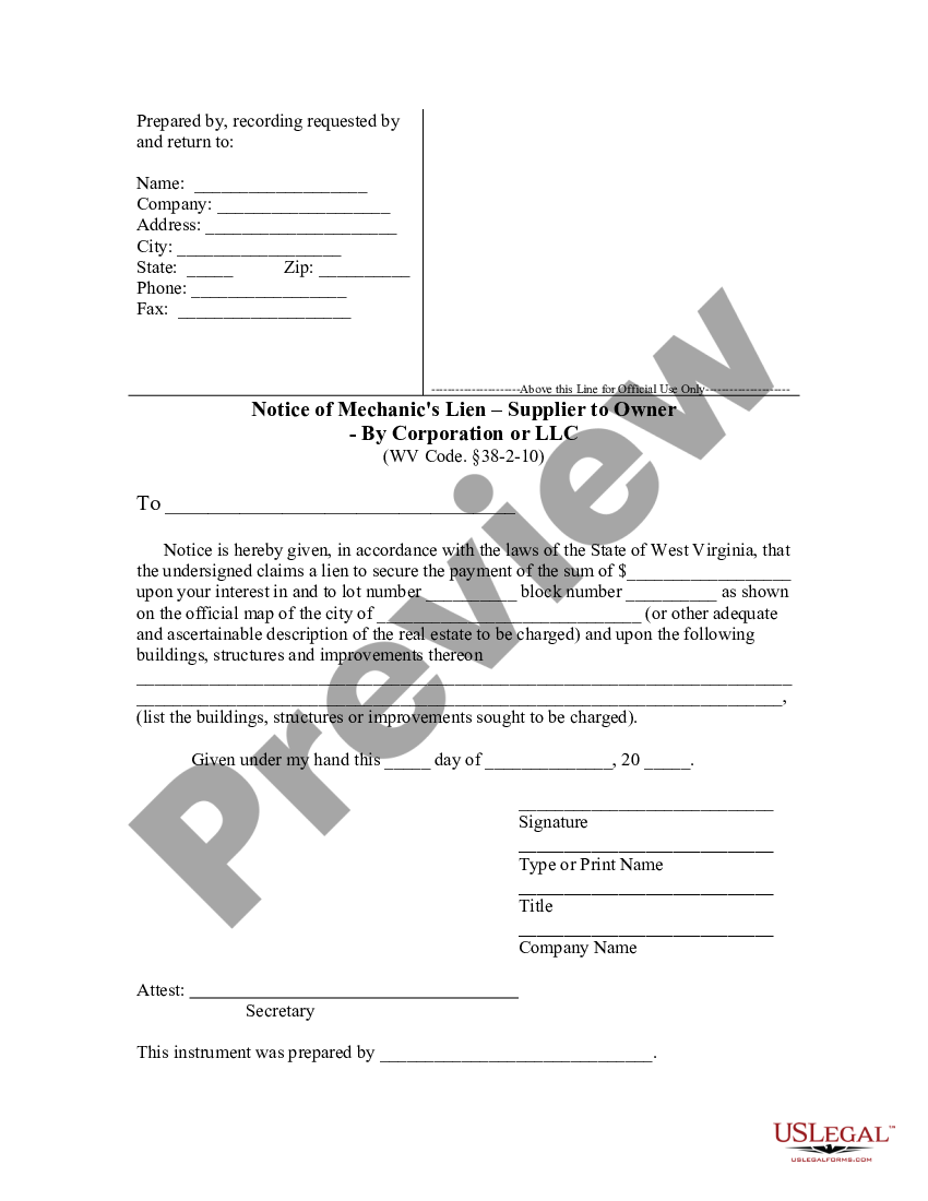 West Virginia Notice of Mechanic's Lien - Supplier to Owner ...