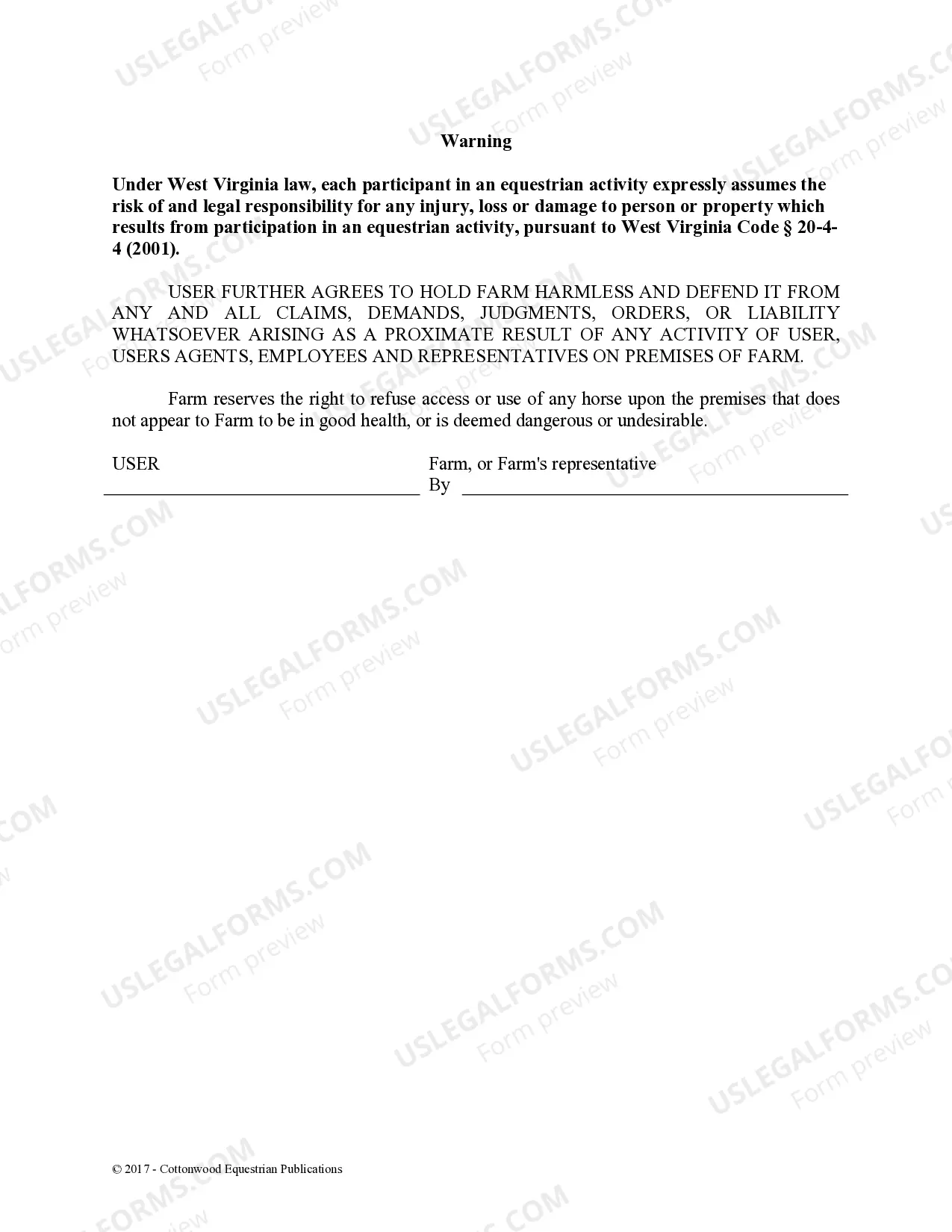 Preview Facility Release Agreement - Show Or Clinic - Horse Equine Forms