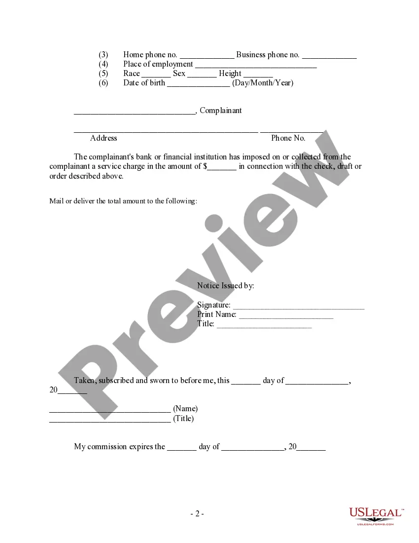 Preview Complaint for Warrant for Dishonored Check - Bad Bounced Check - Criminal