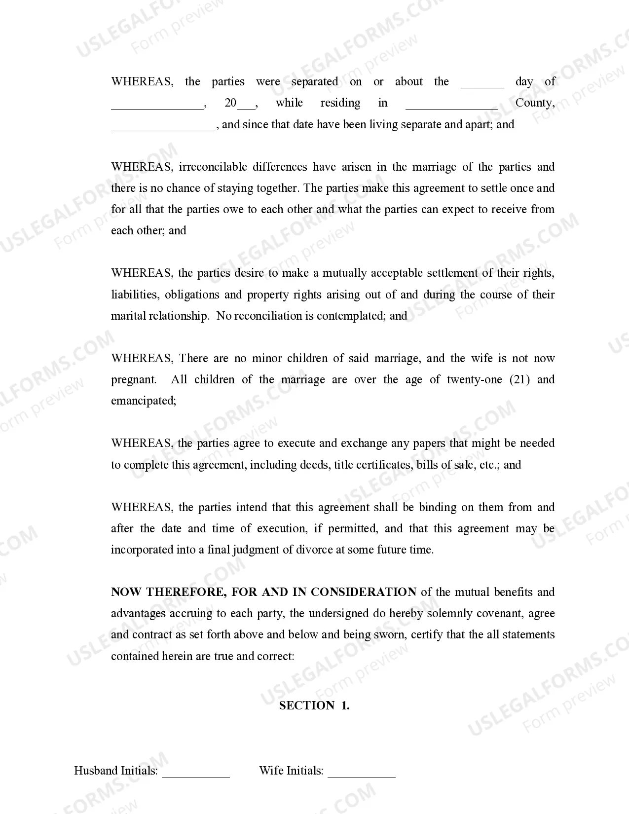 Preview Marital Domestic Separation and Property Settlement Agreement Adult Children