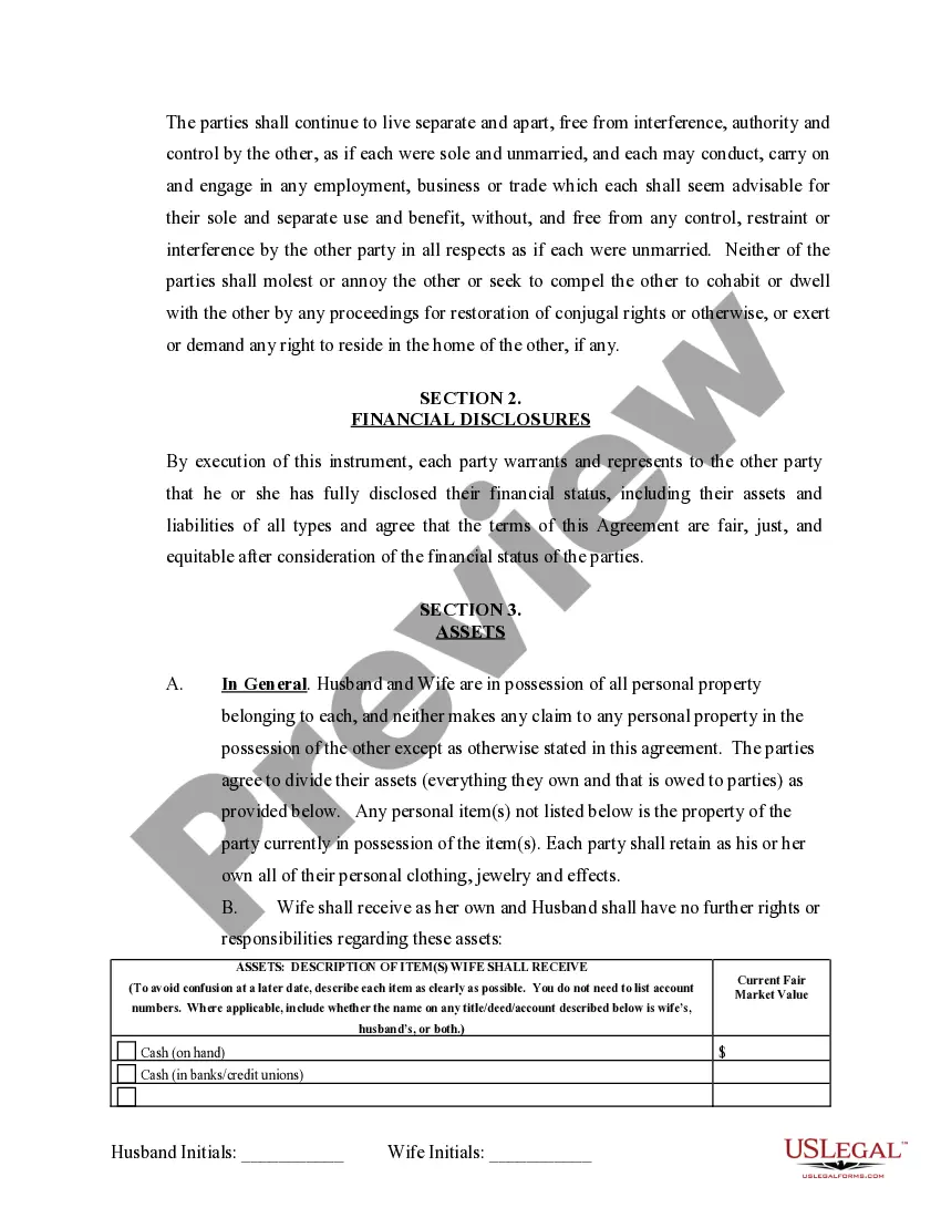 Preview Marital Domestic Separation and Property Settlement Agreement no children