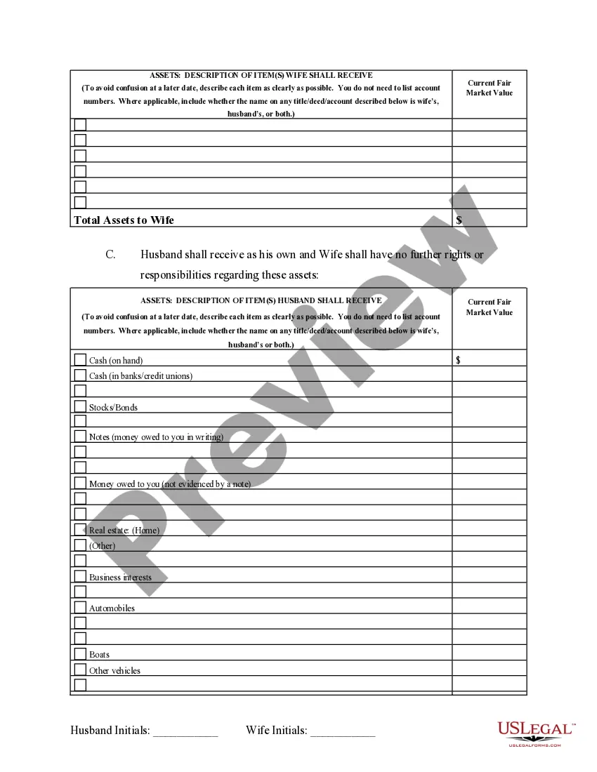 Preview Marital Domestic Separation and Property Settlement Agreement no children