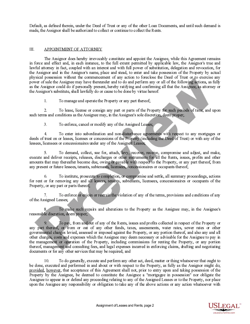 Preview Assignment of Lease and Rent from Borrower to Lender