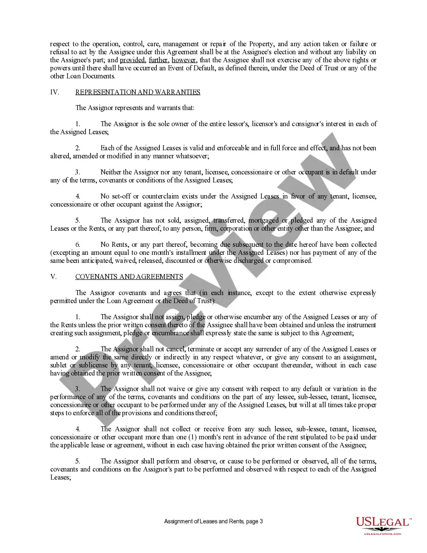 Preview Assignment of Lease and Rent from Borrower to Lender