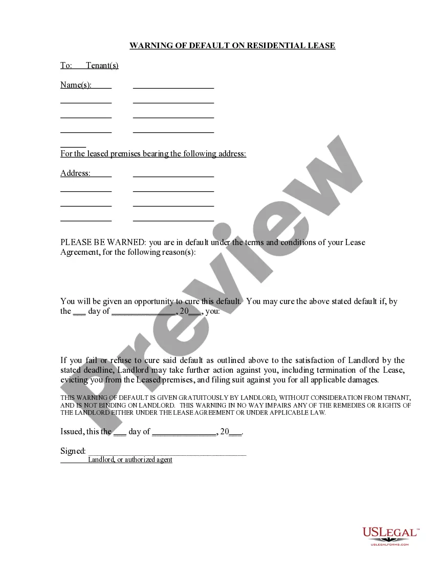 Preview Warning of Default on Residential Lease