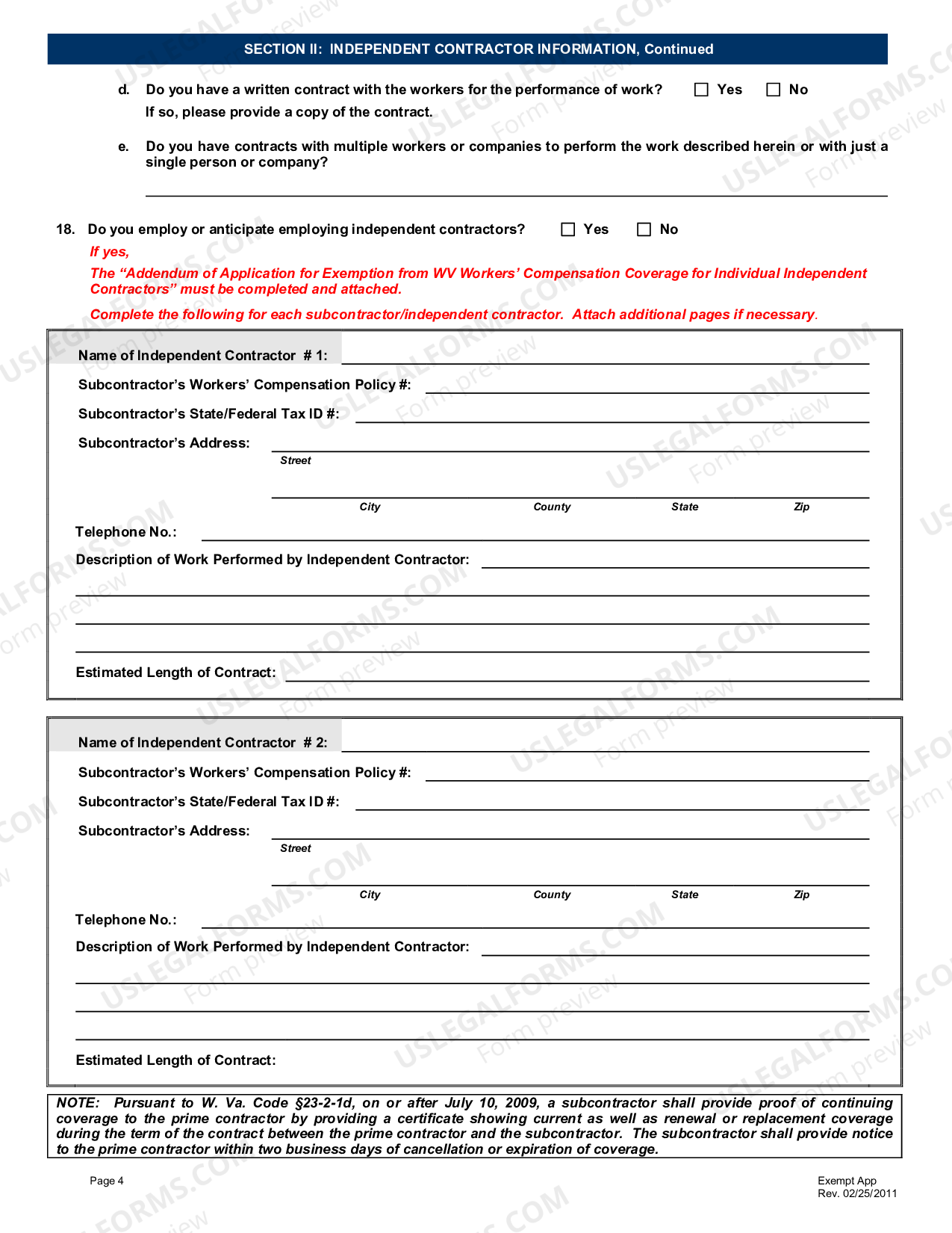 Application for Exemption from West Virginia Workers Compensation