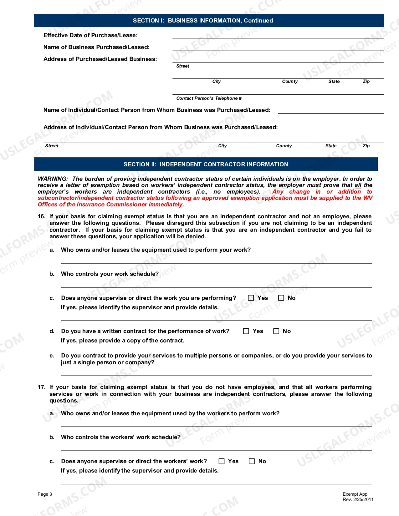 Preview Application for Exemption from West Virginia Workers Compensation Coverage