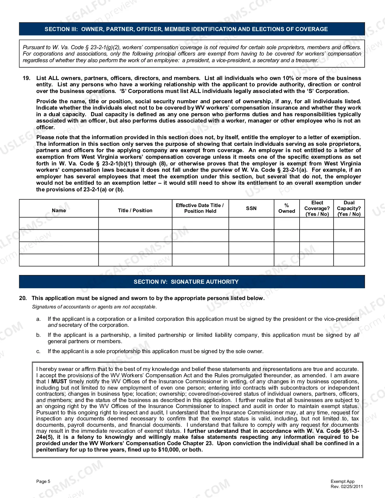 Preview Application for Exemption from West Virginia Workers Compensation Coverage