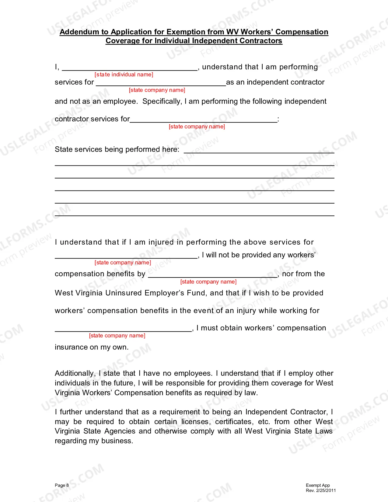Preview Application for Exemption from West Virginia Workers Compensation Coverage