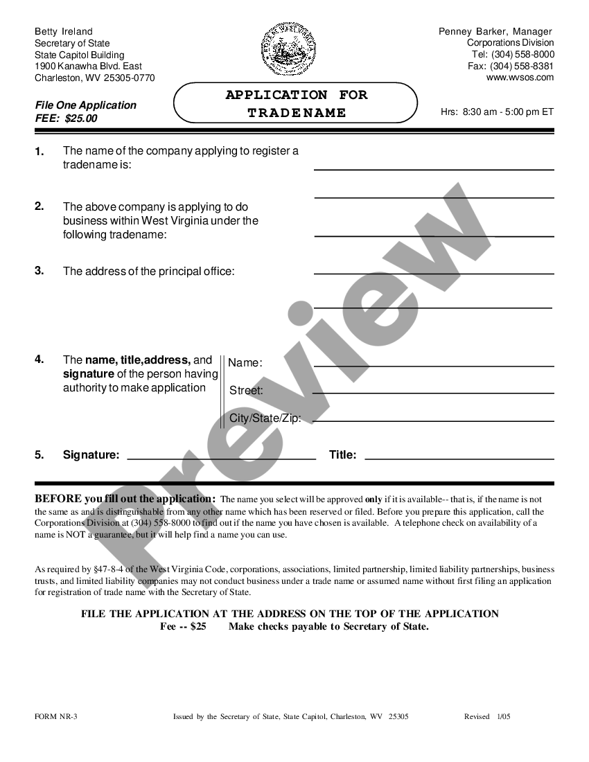 West Virginia Application for Trade Name | US Legal Forms