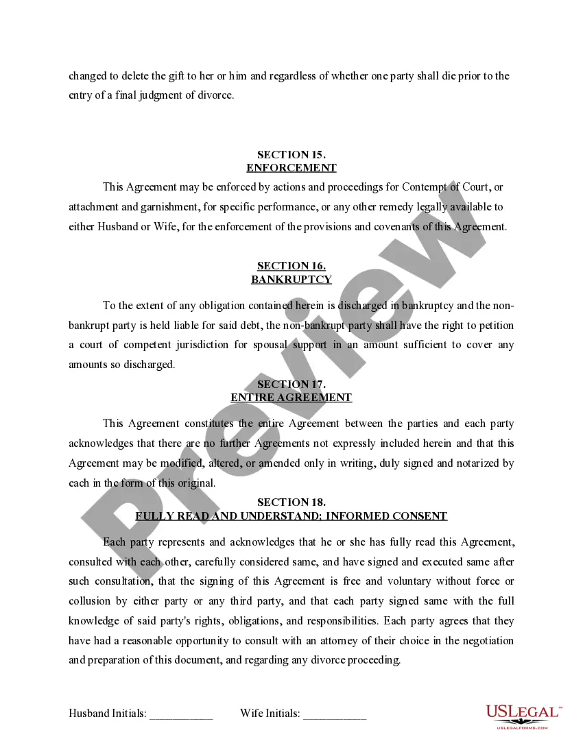 Preview Marital Domestic Separation and Property Settlement Agreement for persons with No Children, No Joint Property or Debts where Divorce Action Filed
