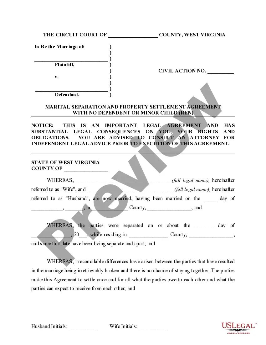 Preview Marital Domestic Separation and Property Settlement Agreement for persons with No Children, No Joint Property or Debts where Divorce Action Filed