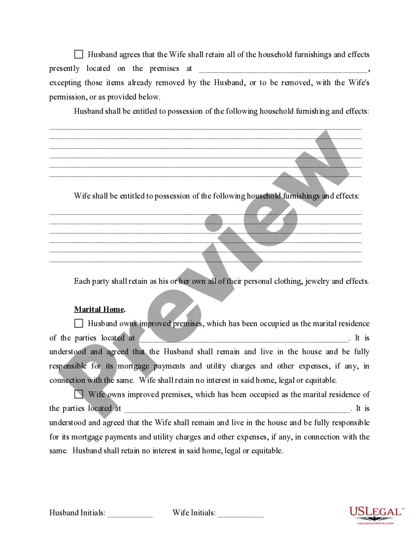 Preview Marital Domestic Separation and Property Settlement Agreement for persons with No Children, No Joint Property or Debts where Divorce Action Filed