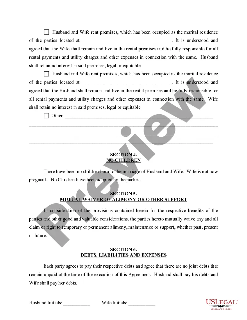 Preview Marital Domestic Separation and Property Settlement Agreement for persons with No Children, No Joint Property or Debts where Divorce Action Filed