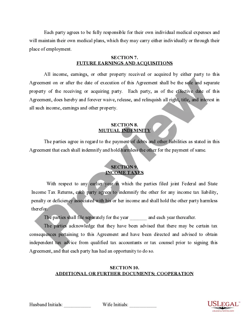 Preview Marital Domestic Separation and Property Settlement Agreement for persons with No Children, No Joint Property or Debts where Divorce Action Filed