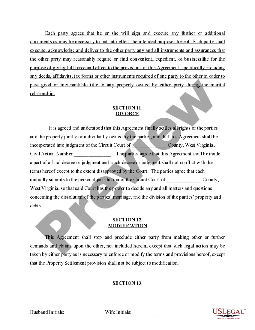 Preview Marital Domestic Separation and Property Settlement Agreement for persons with No Children, No Joint Property or Debts where Divorce Action Filed