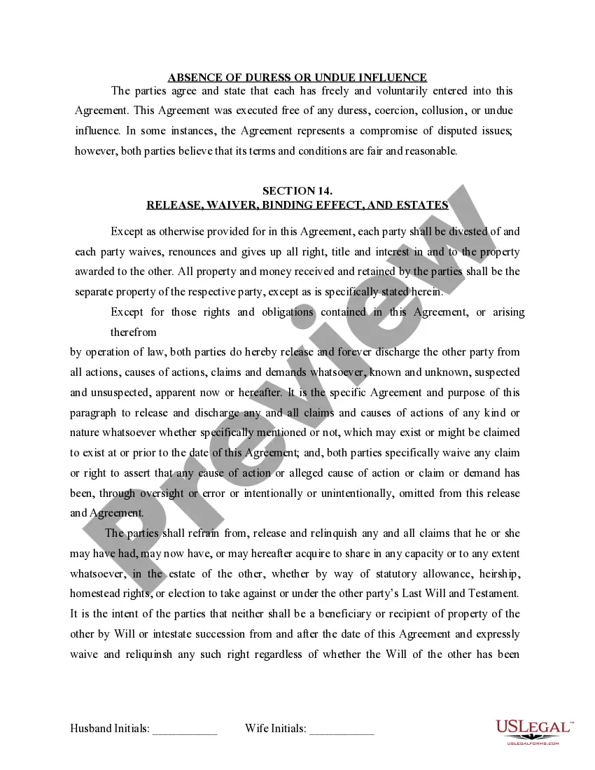 Preview Marital Domestic Separation and Property Settlement Agreement for persons with No Children, No Joint Property or Debts where Divorce Action Filed