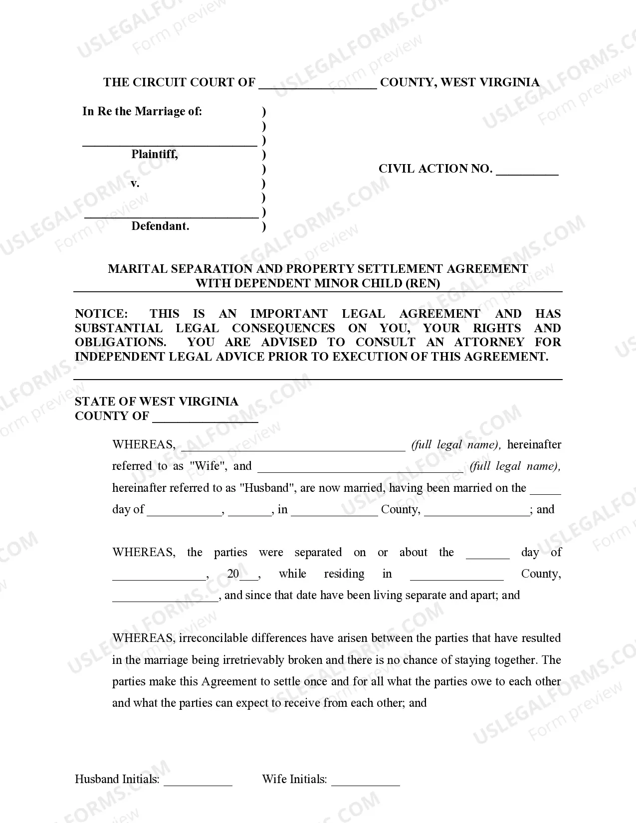 Preview Marital Domestic Separation and Property Settlement Agreement Minor Children no Joint Property or Debts where Divorce Action Filed
