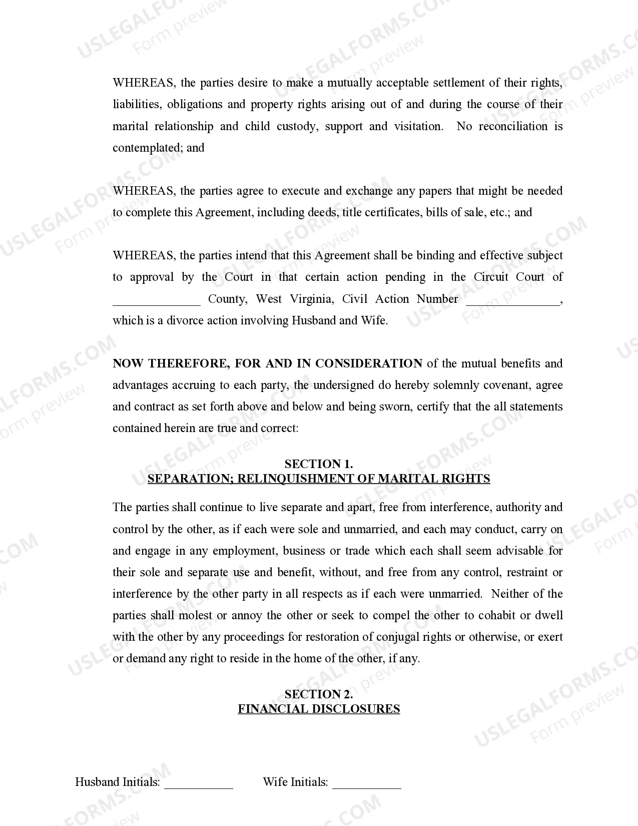 Preview Marital Domestic Separation and Property Settlement Agreement Minor Children no Joint Property or Debts where Divorce Action Filed