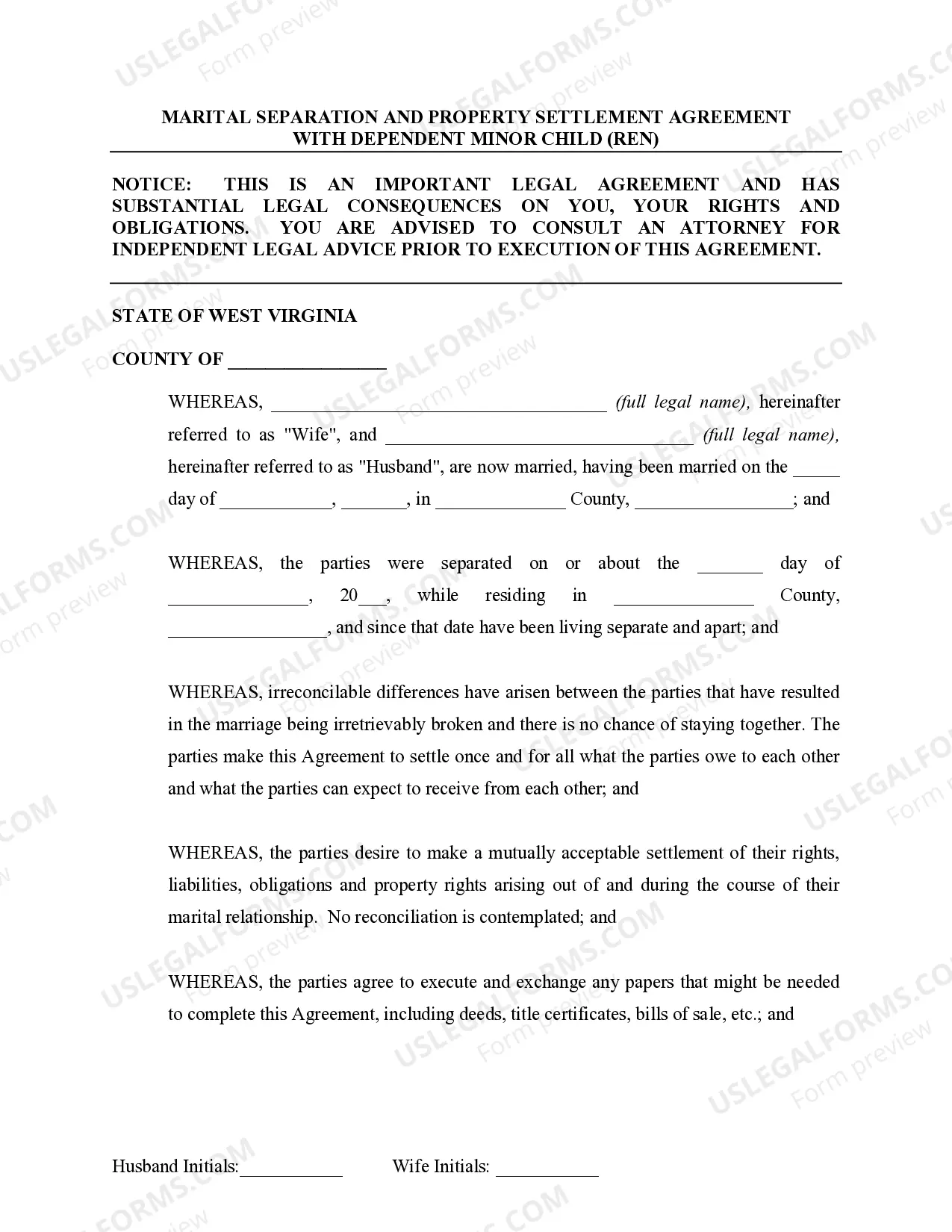 Preview Marital Domestic Separation and Property Settlement Agreement Minor Children no Joint Property or Debts effective Immediately