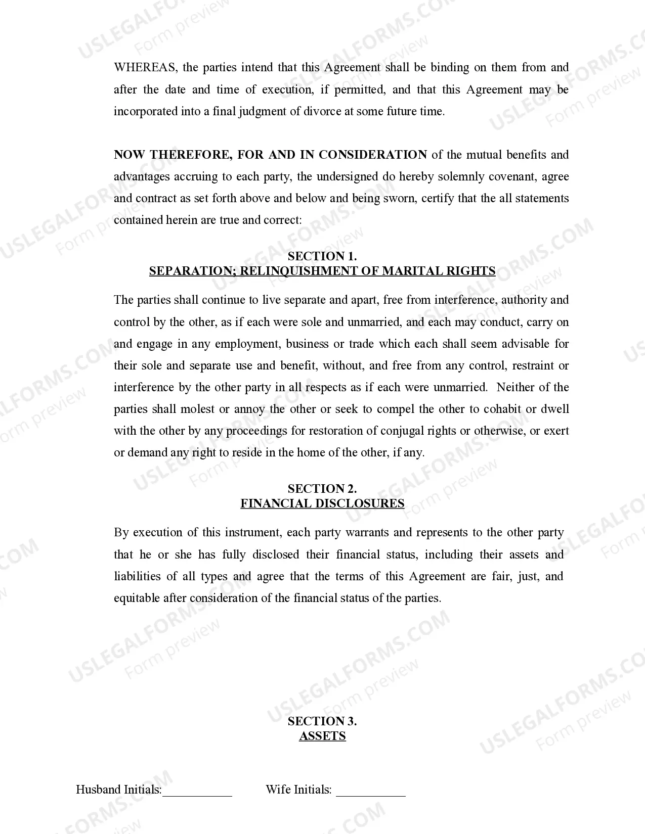 Preview Marital Domestic Separation and Property Settlement Agreement Minor Children no Joint Property or Debts effective Immediately