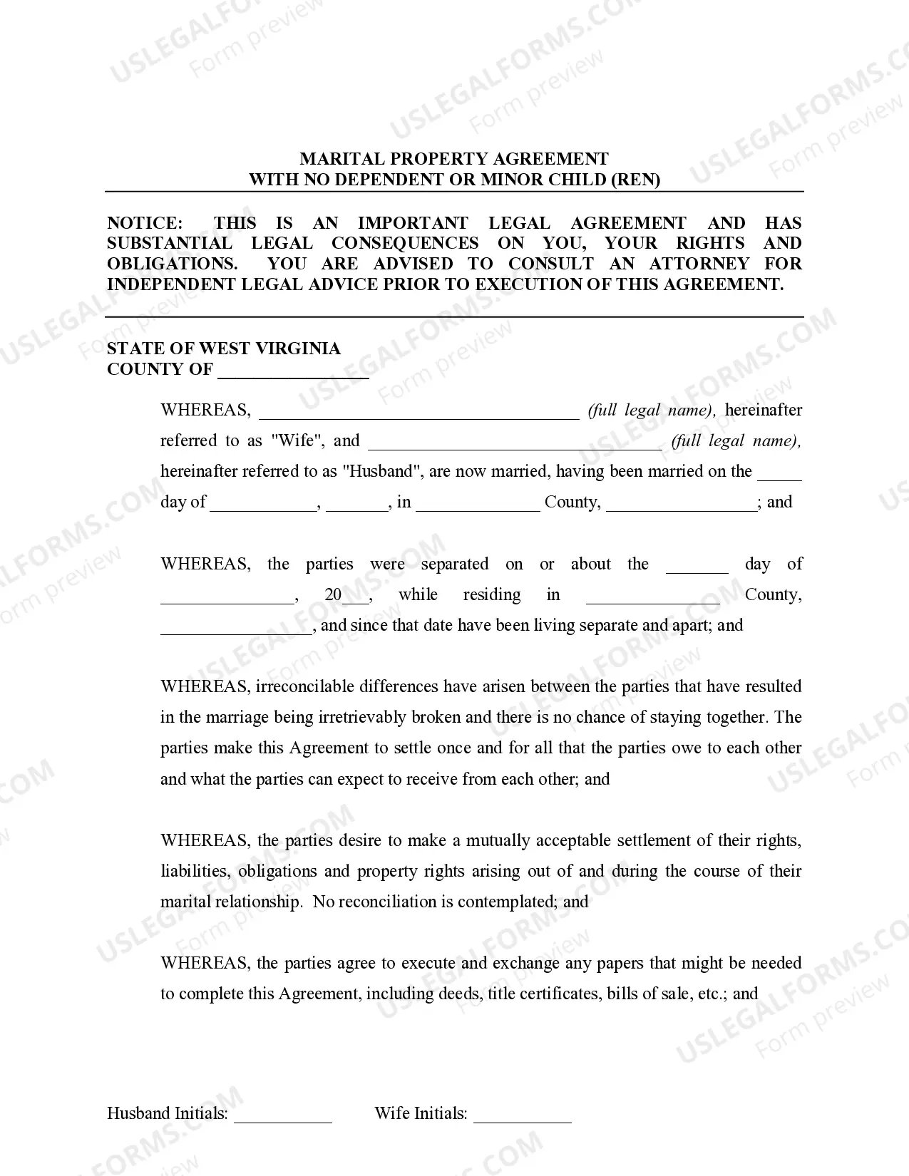 Preview Marital Domestic Separation and Property Settlement Agreement no Children parties may have Joint Property or Debts Effective Immediately