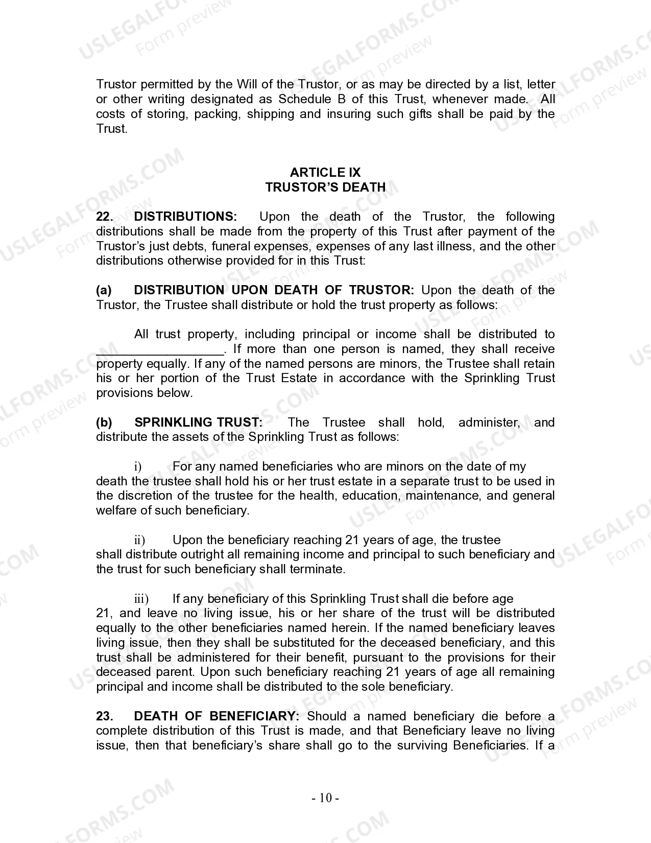 Preview Living Trust for Individual Who is Single, Divorced or Widow or Widower with No Children