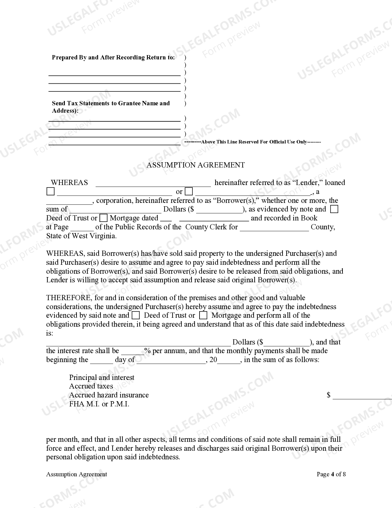 Assumption Form West Virginia Assumption Agreement of Deed of Trust and Release of ...