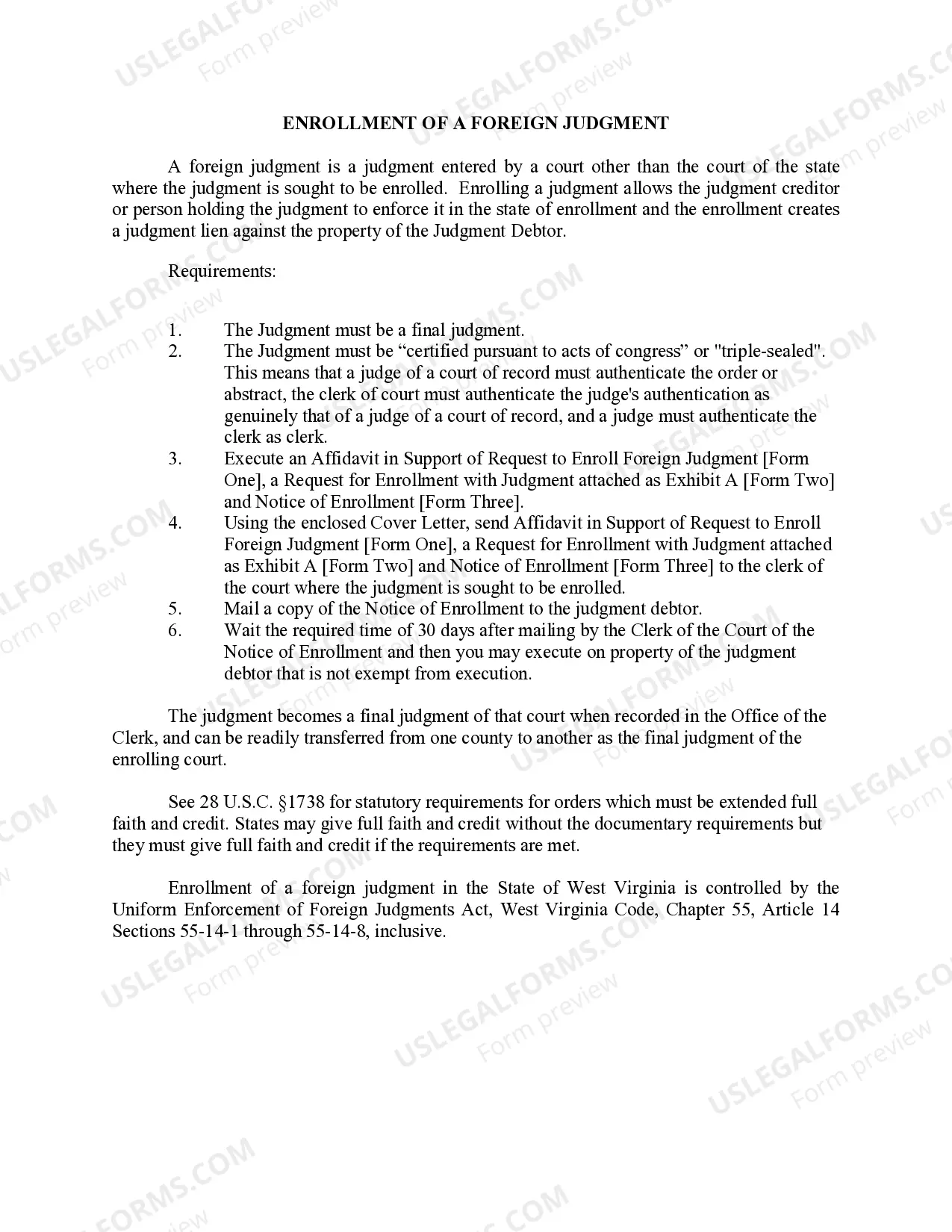Preview West Virginia Foreign Judgment Enrollment