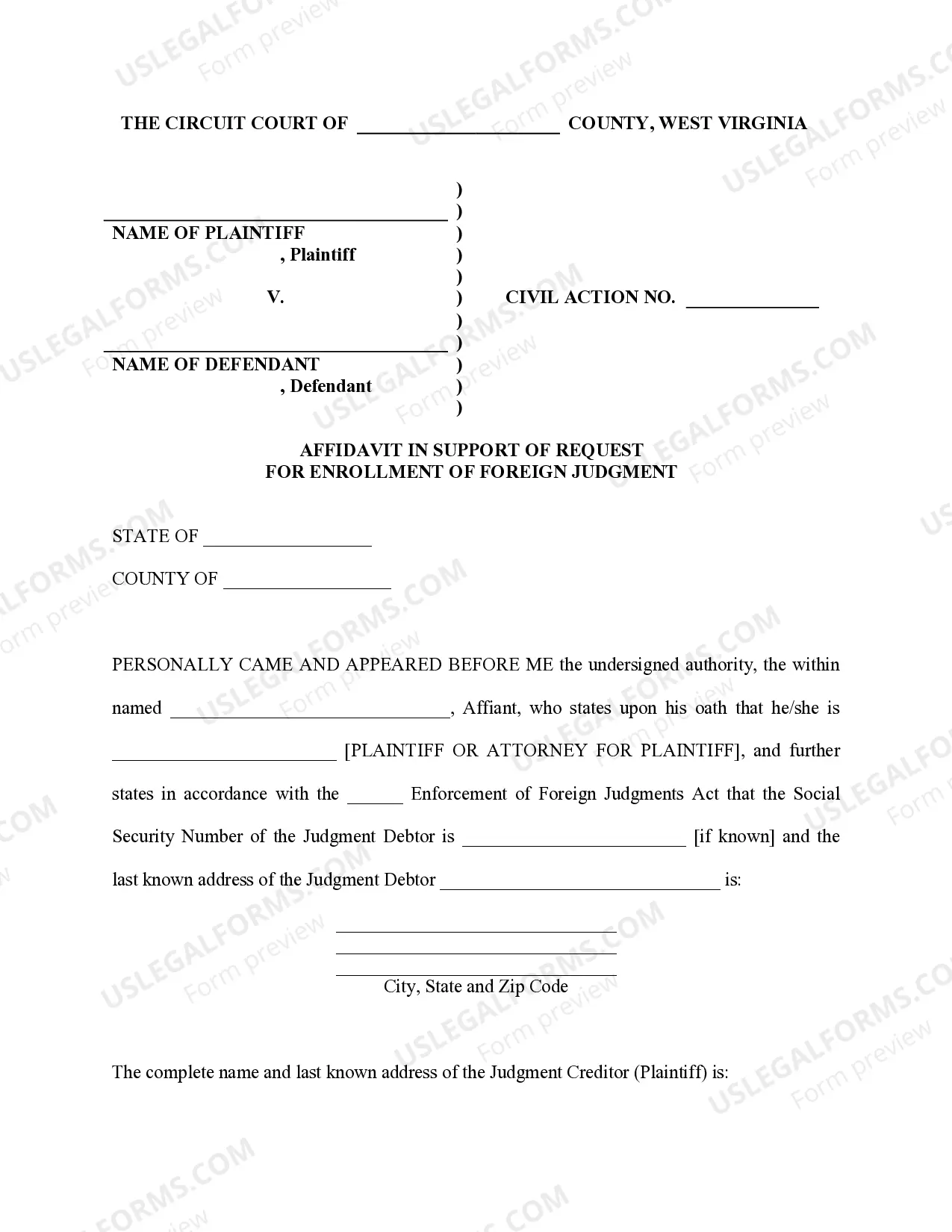 Preview West Virginia Foreign Judgment Enrollment