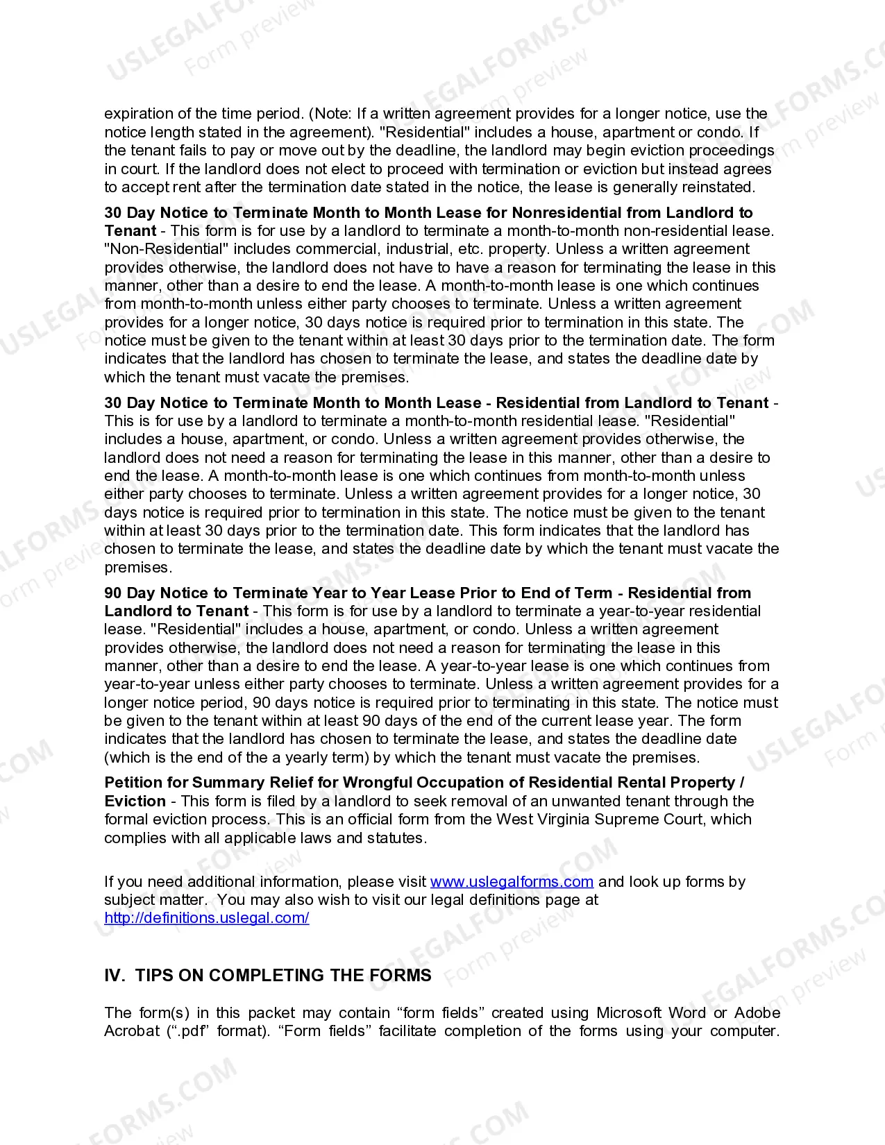 Preview West Virginia Landlord Tenant Eviction / Unlawful Detainer Forms Package