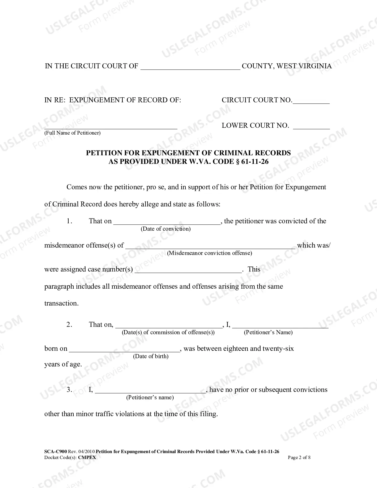 Preview West Virginia Petition for Expungement of Criminal Records