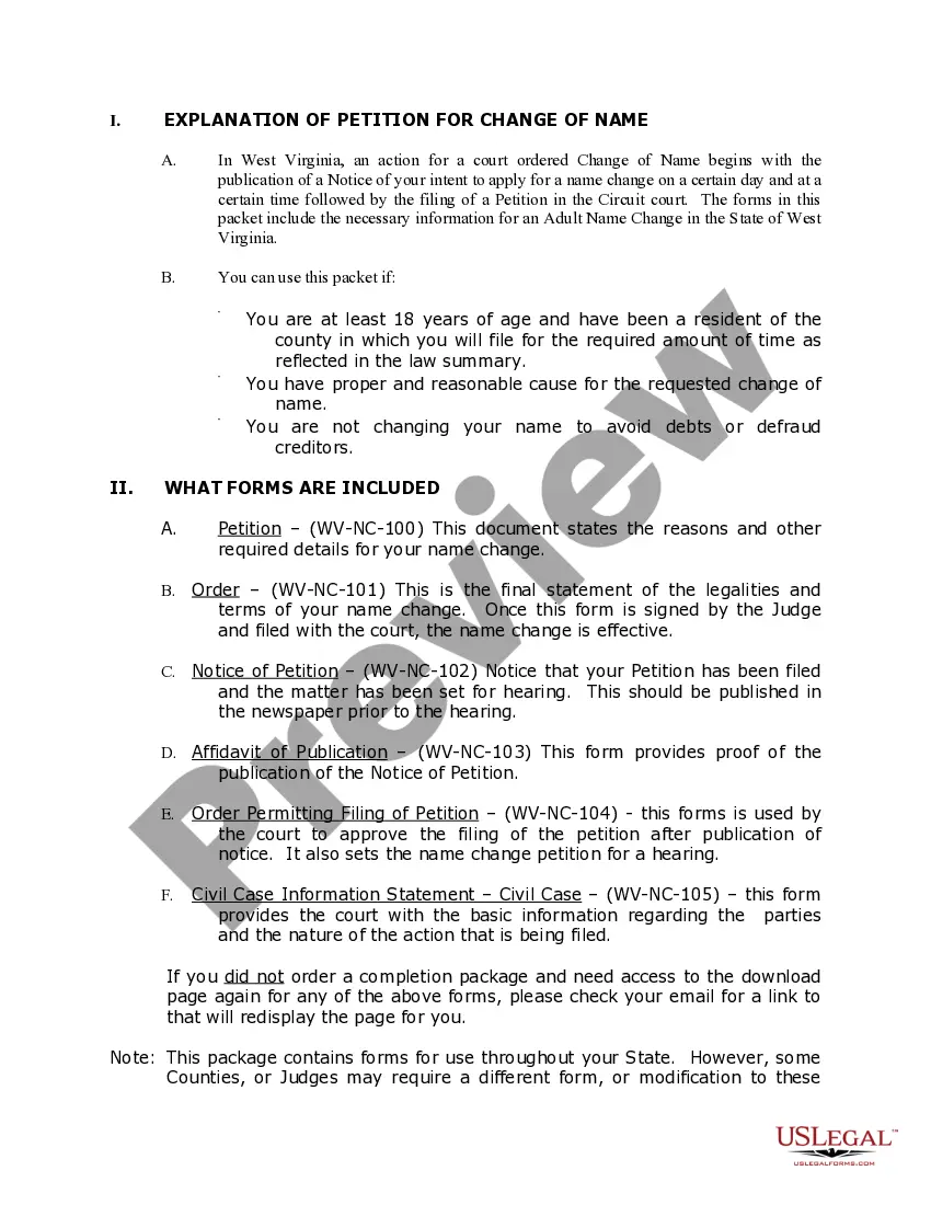 Preview West Virginia Name Change Instructions and Forms Package for an Adult