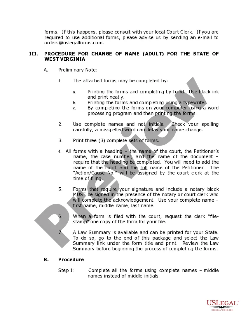 Preview West Virginia Name Change Instructions and Forms Package for an Adult