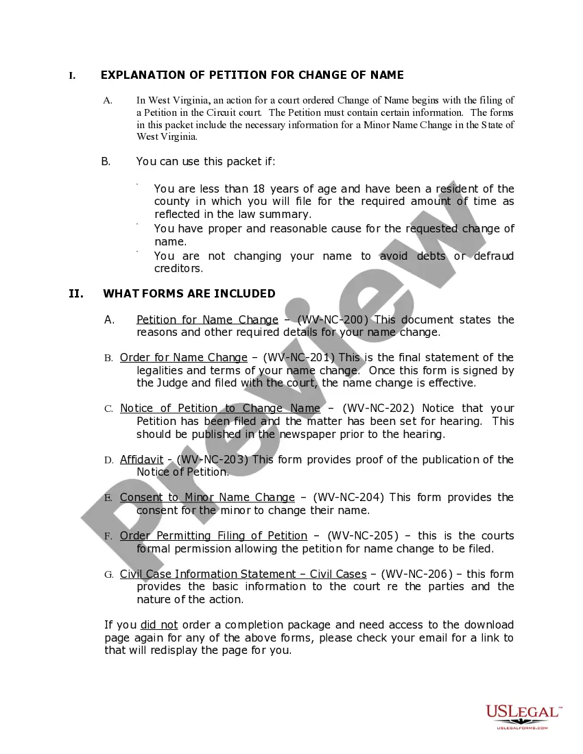 Preview West Virginia Name Change Instructions and Forms Package for a Minor