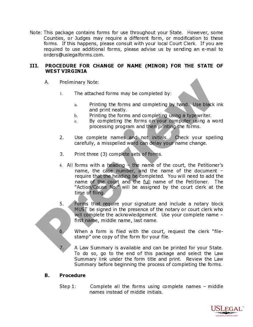 Preview West Virginia Name Change Instructions and Forms Package for a Minor