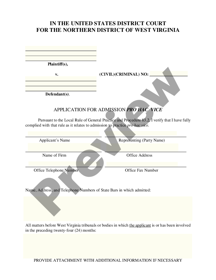 West Virginia Application For Admission Pro Hac Vice | US Legal Forms