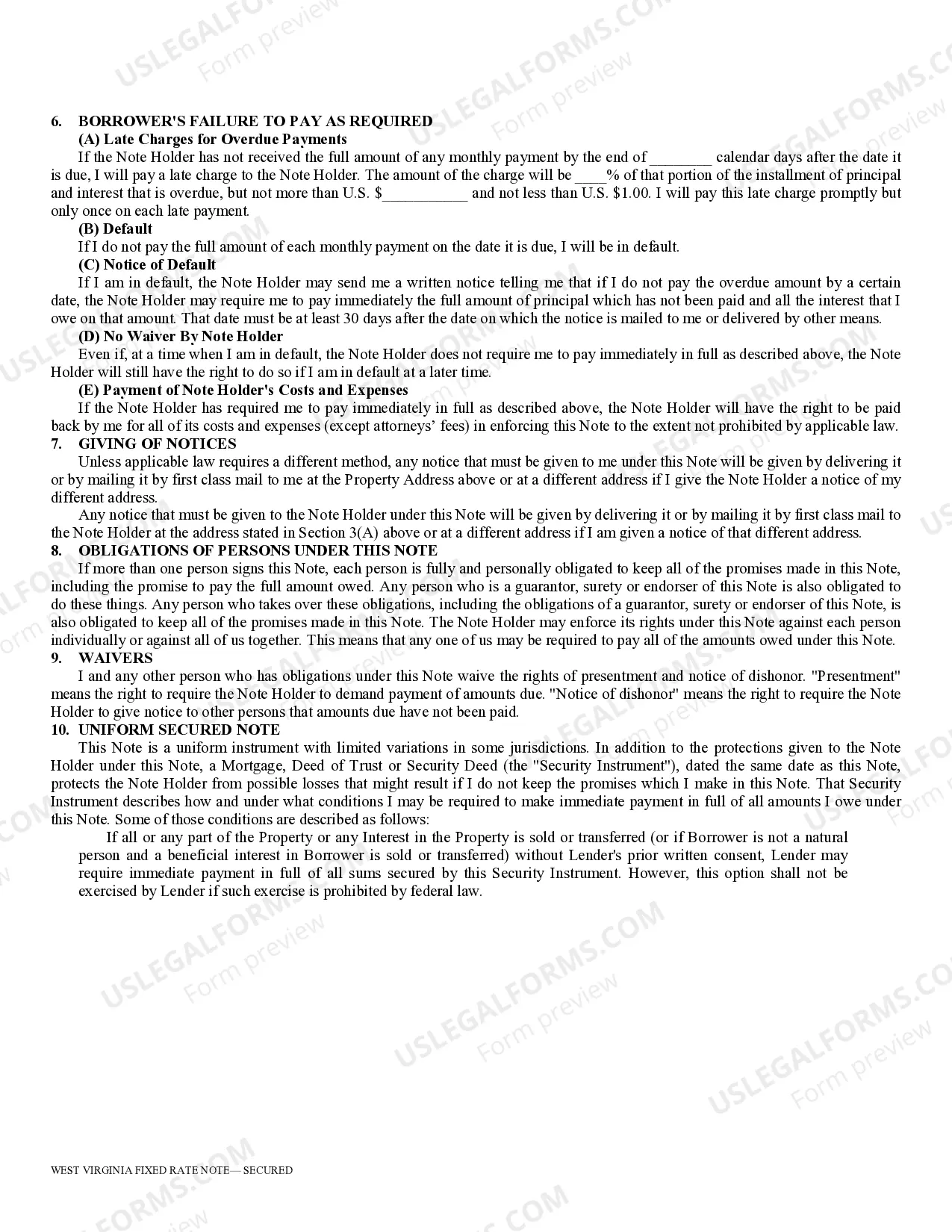 Preview Secured Promissory Note for West Virgina
