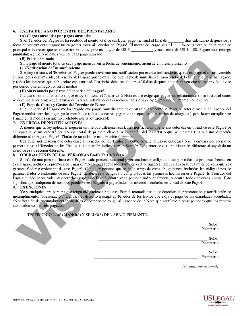 Preview Pagaré de pago a plazos no garantizado de Virginia Occidental para tasa fija