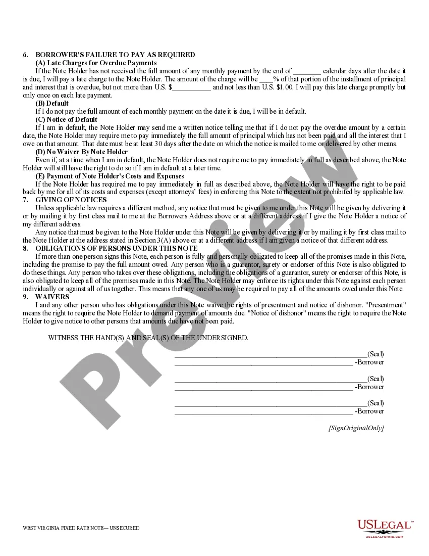 Preview West Virginia Unsecured Installment Payment Promissory Note for Fixed Rate