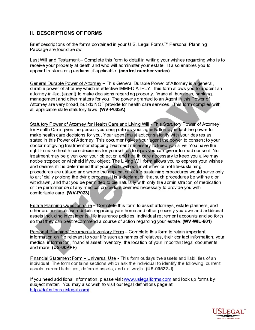 Preview West Virginia Life Documents Planning Package, including Will, Power of Attorney and Living Will