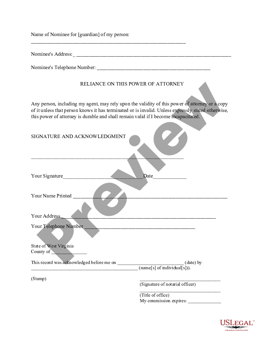 West Virginia Statutory Power Of Attorney Power Attorney Form Us Legal Forms 8746