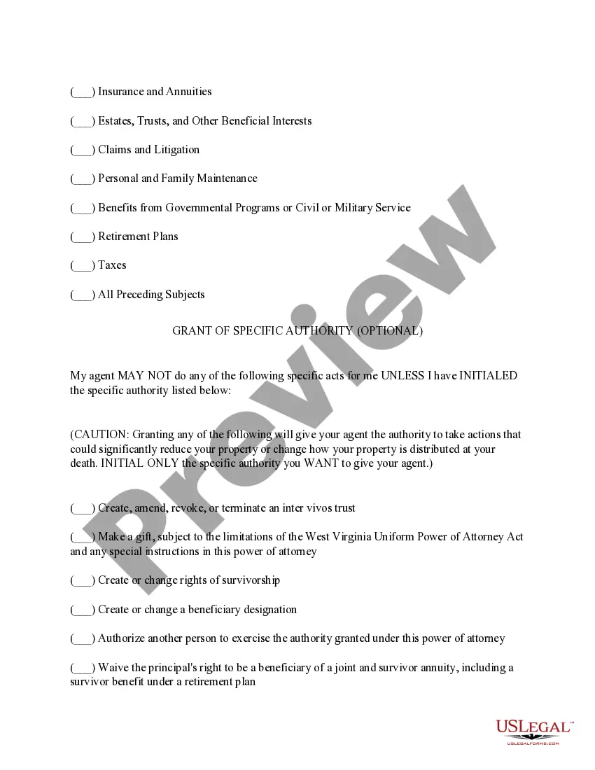 Preview West Virginia Statutory Power of Attorney