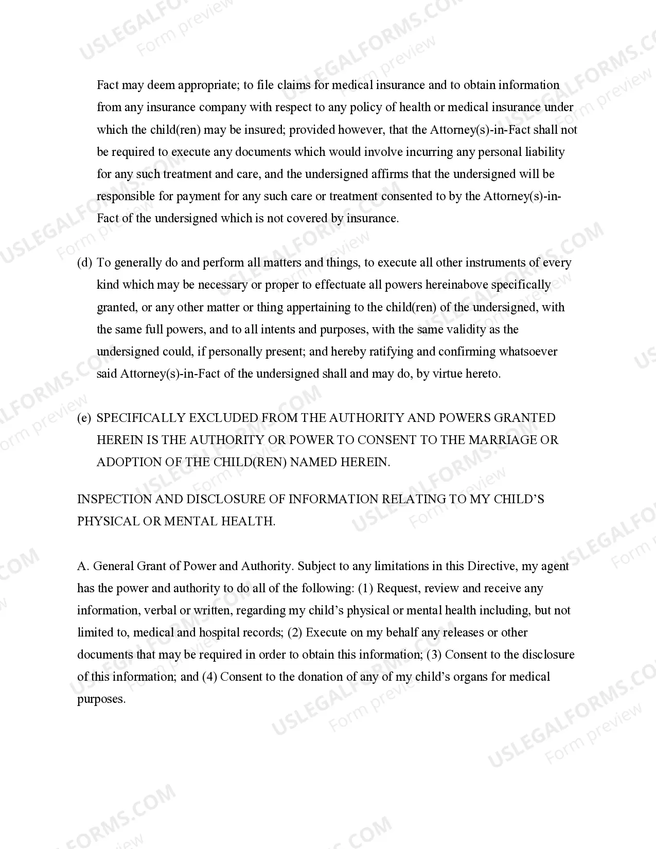 Preview General Power of Attorney for Care and Custody of Child or Children