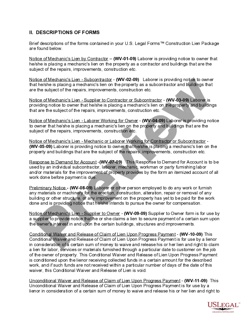 Preview West Virginia Construction or Mechanics Lien Package - Individual