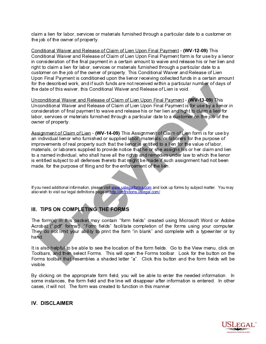 Preview West Virginia Construction or Mechanics Lien Package - Individual