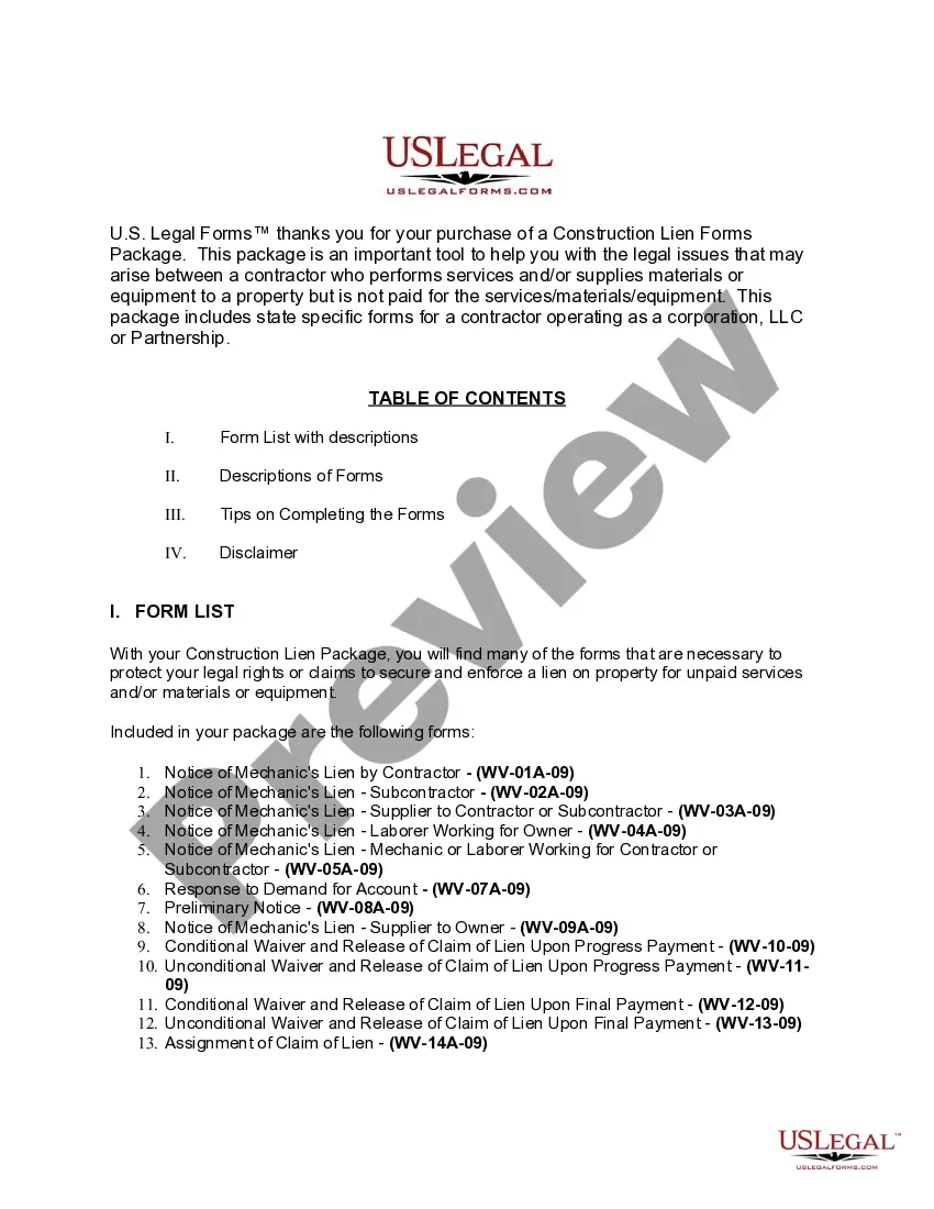 Preview West Virginia Construction or Mechanics Lien Package - Corporation or LLC