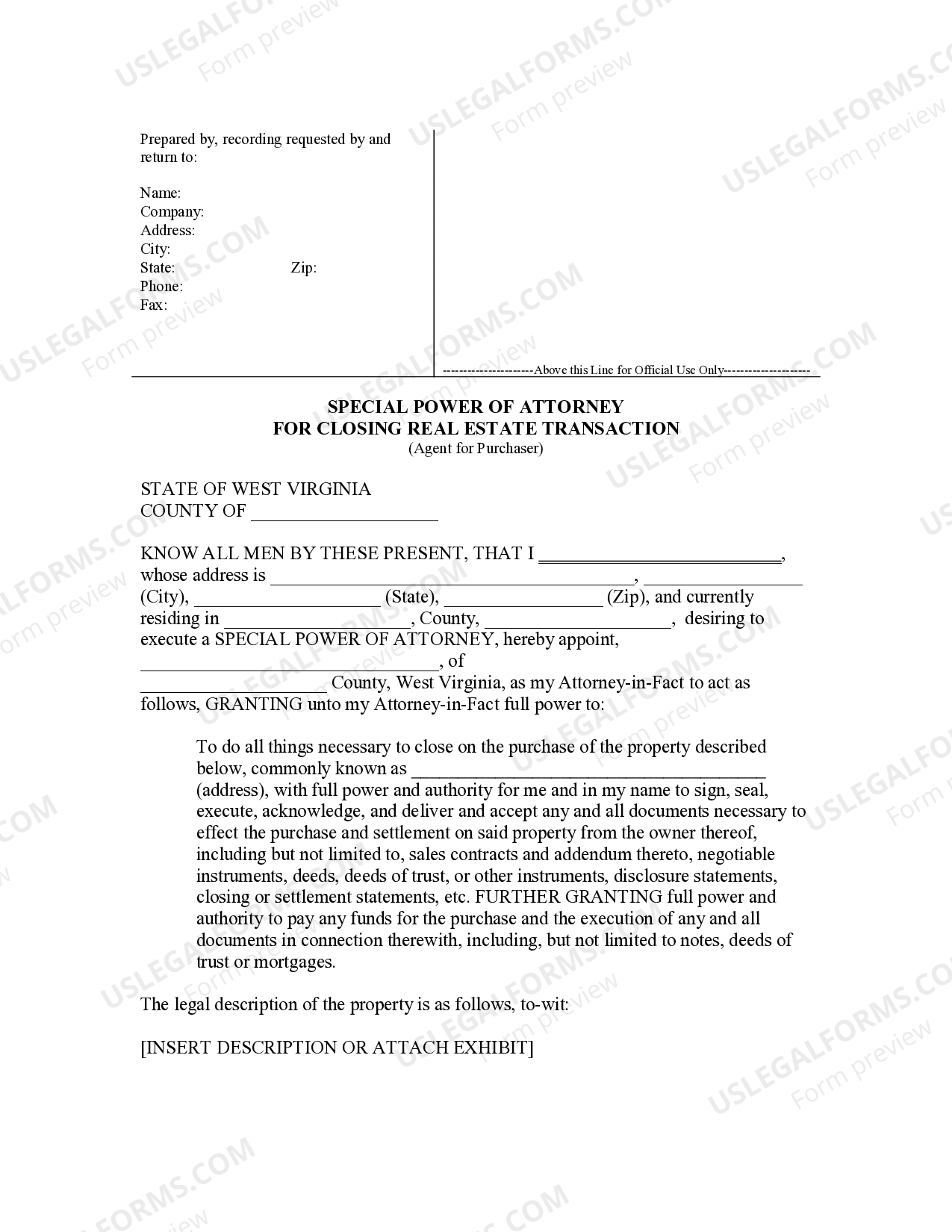 West Virginia Special or Limited Power of Attorney for Real Estate